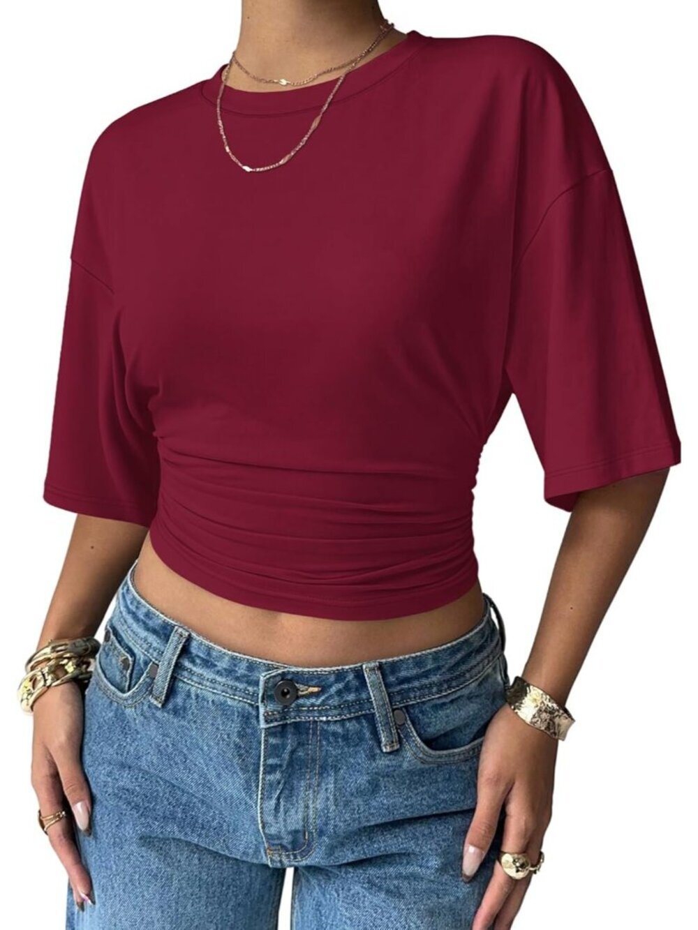 Women's Burgundy Trendy Batwing Short Sleeve Ruched Waist Slim Fitted T Shirt